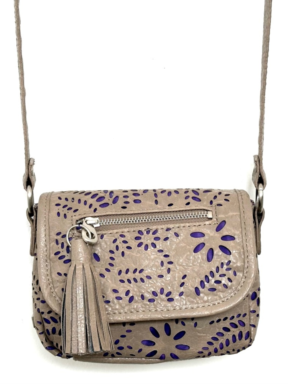 Kensie Girl Taupe Laser-Cut Mini Crossbody Bag with Purple Accent